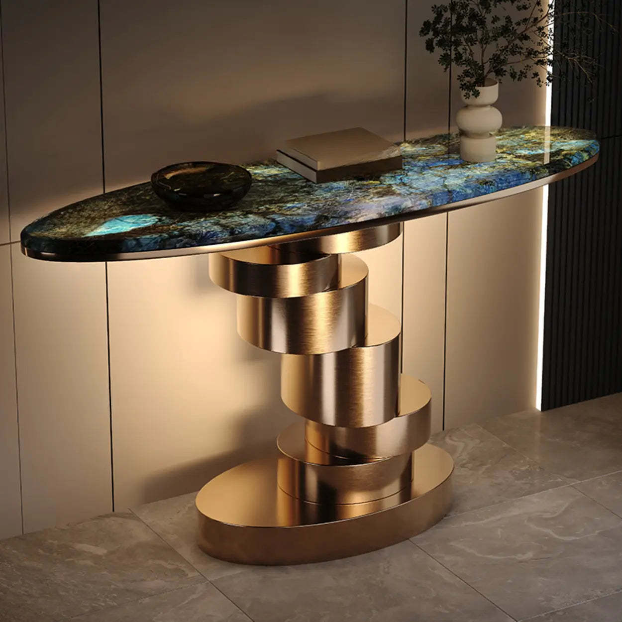 Sophisticated Oval Marble Gold Console Table — White