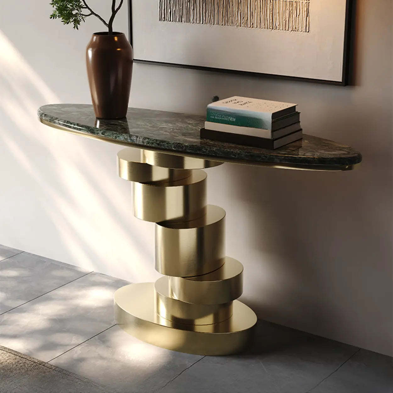 Sophisticated Oval Marble Gold Console Table — Blue