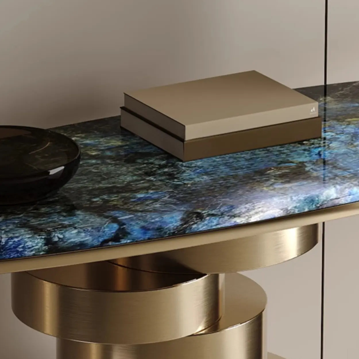 Sophisticated Oval Marble Gold Console Table — Blue