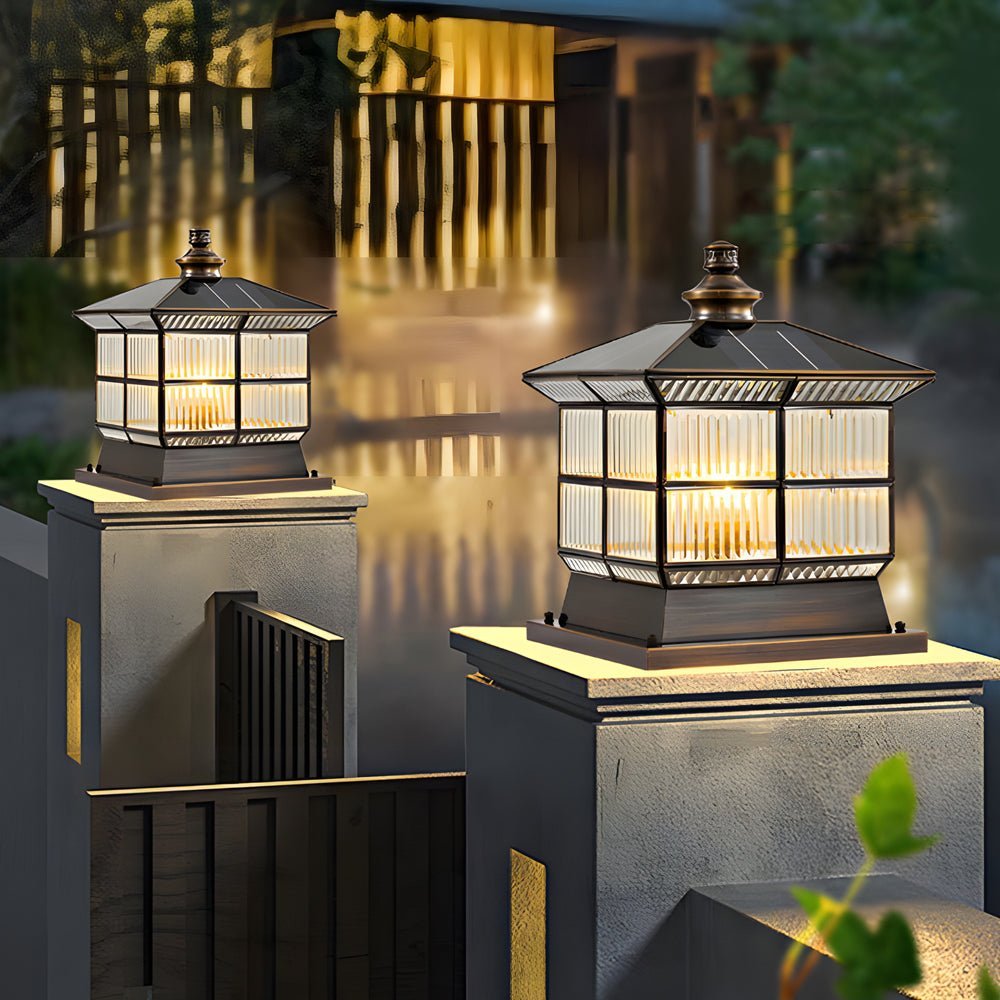 Square Bronze Solar Dimming Fence Post Light — Solar