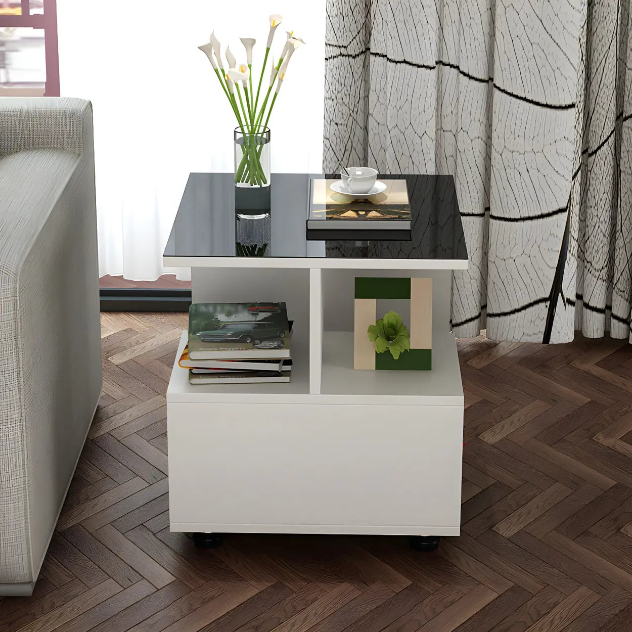Square Glass White Shelved Side Table — White