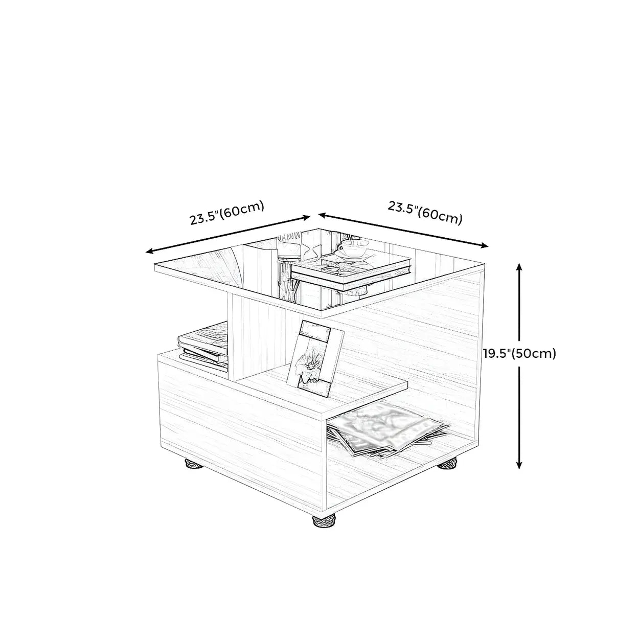 Square Glass White Shelved Side Table — Brown
