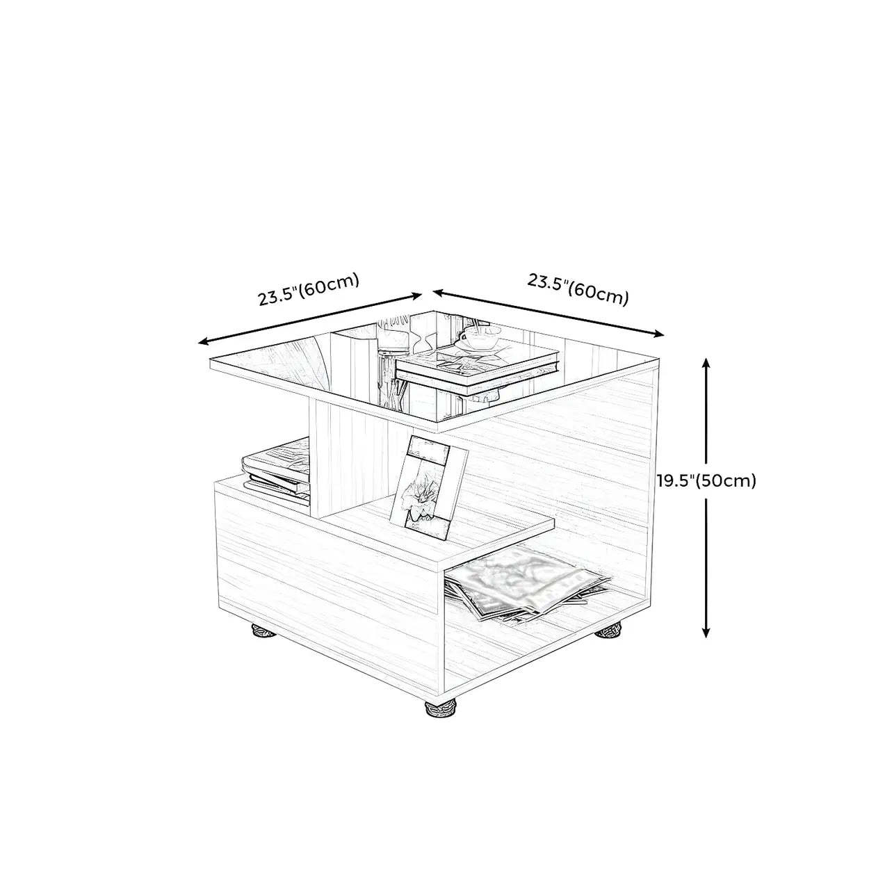 Square Glass White Shelved Side Table — Brown