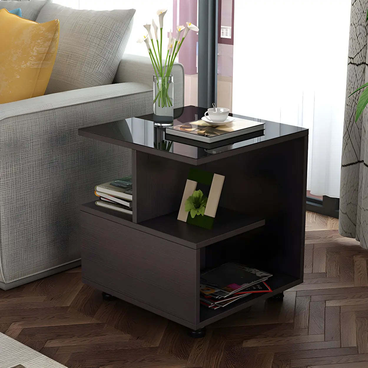 Square Glass White Shelved Side Table — Brown