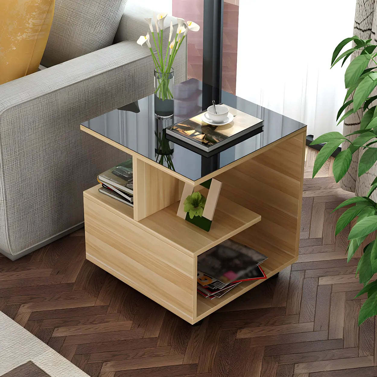 Square Glass White Shelved Side Table — Light Brown