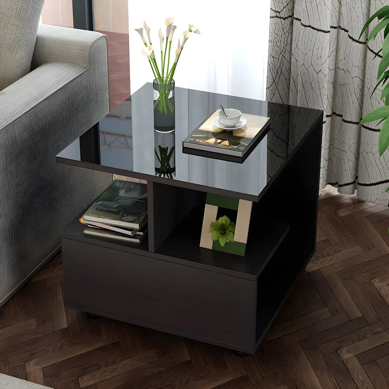 Square Glass White Shelved Side Table