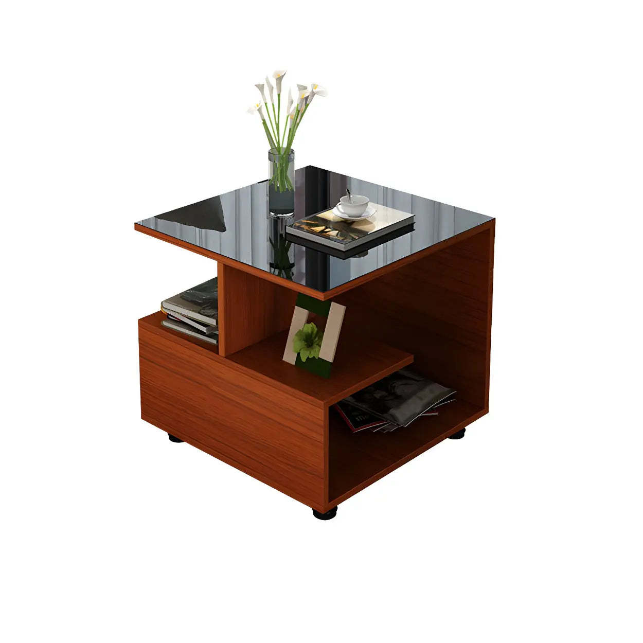 Square Glass White Shelved Side Table — Brown