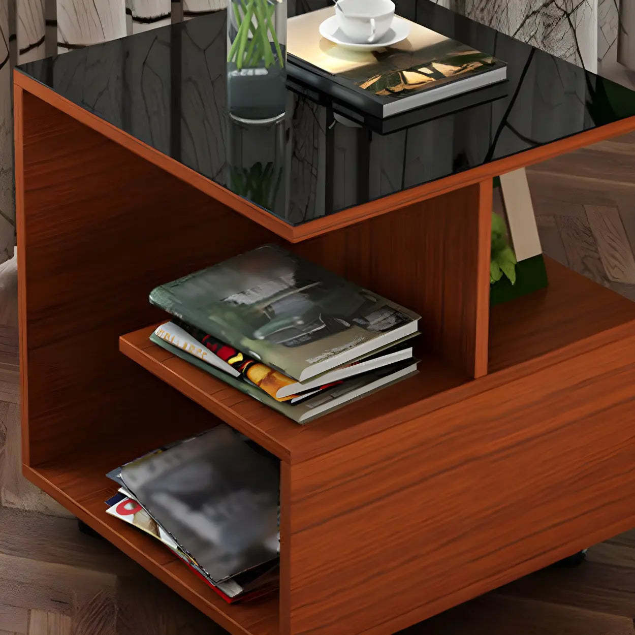 Square Glass White Shelved Side Table — Light Brown