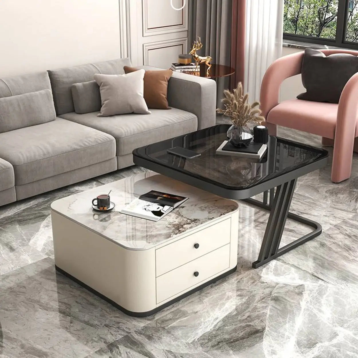 Glass-Top Steel Frame Nesting Tables with Drawer