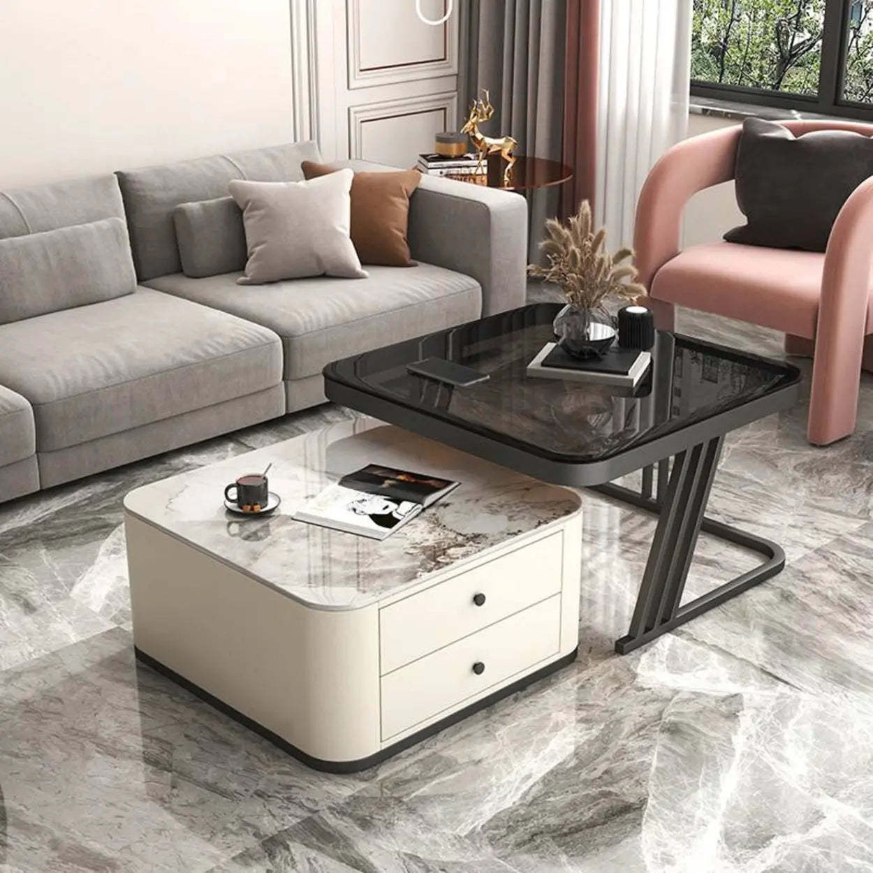 Lighom modern nesting glass-top steel coffee tables — White / Pandora & Black / Black
