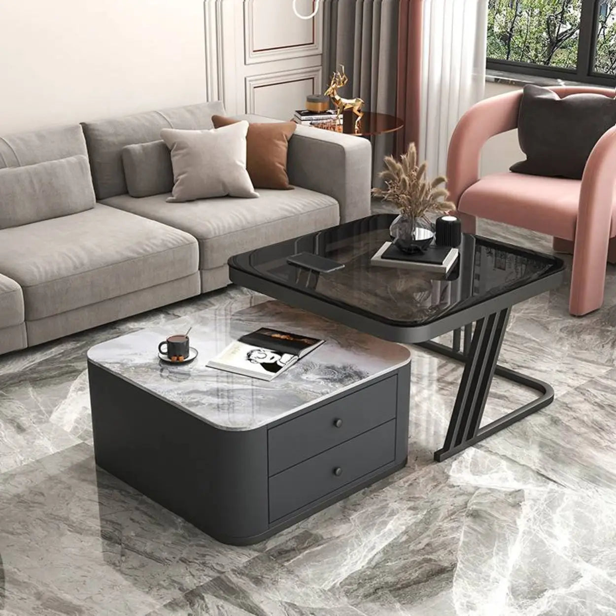 Glass-Top Steel Frame Nesting Tables with Drawer