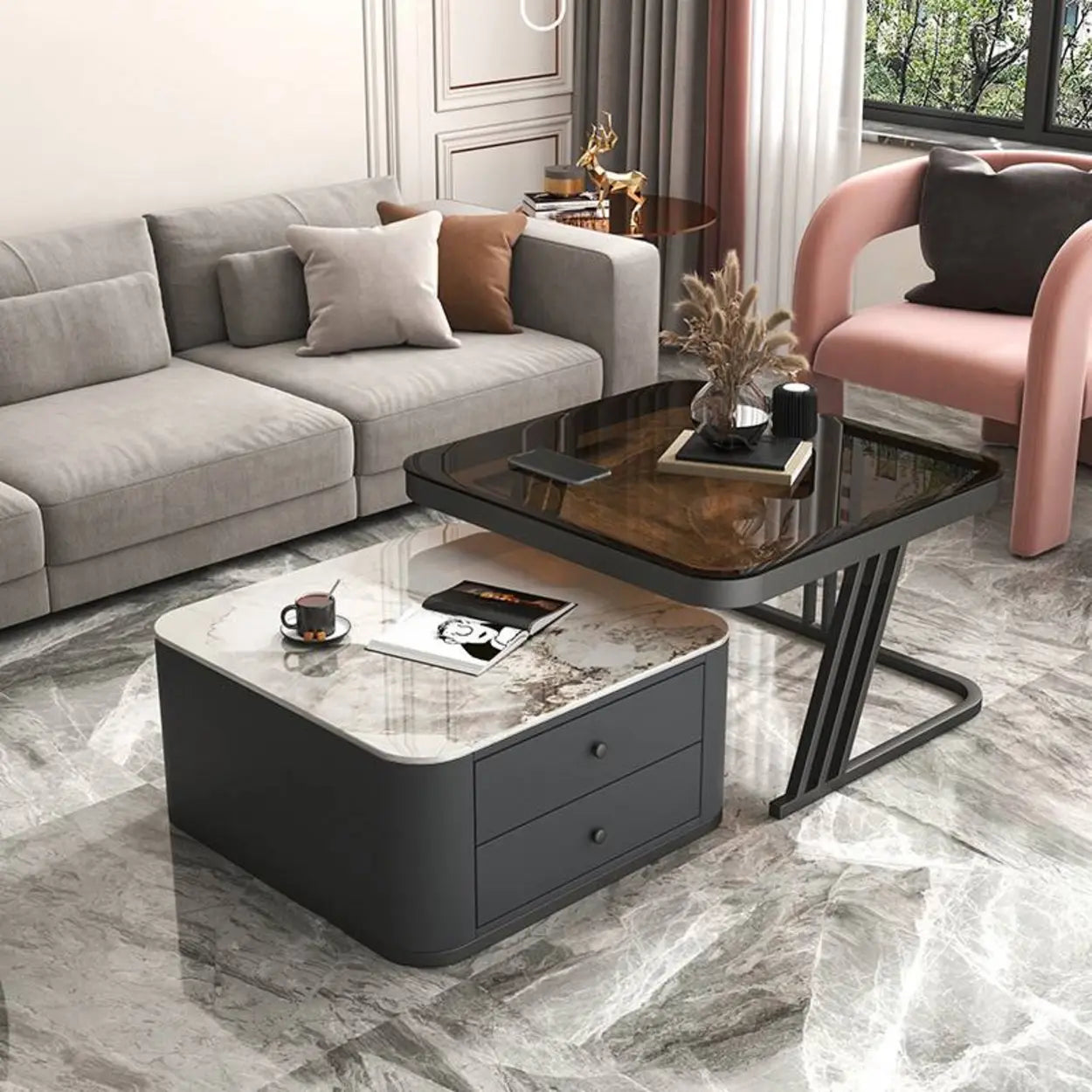 Glass-Top Steel Frame Nesting Tables with Drawer