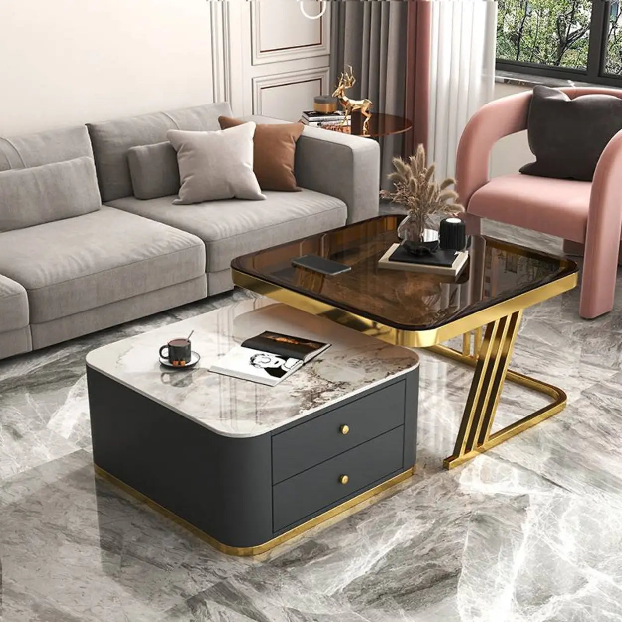 Glass-Top Steel Frame Nesting Tables with Drawer