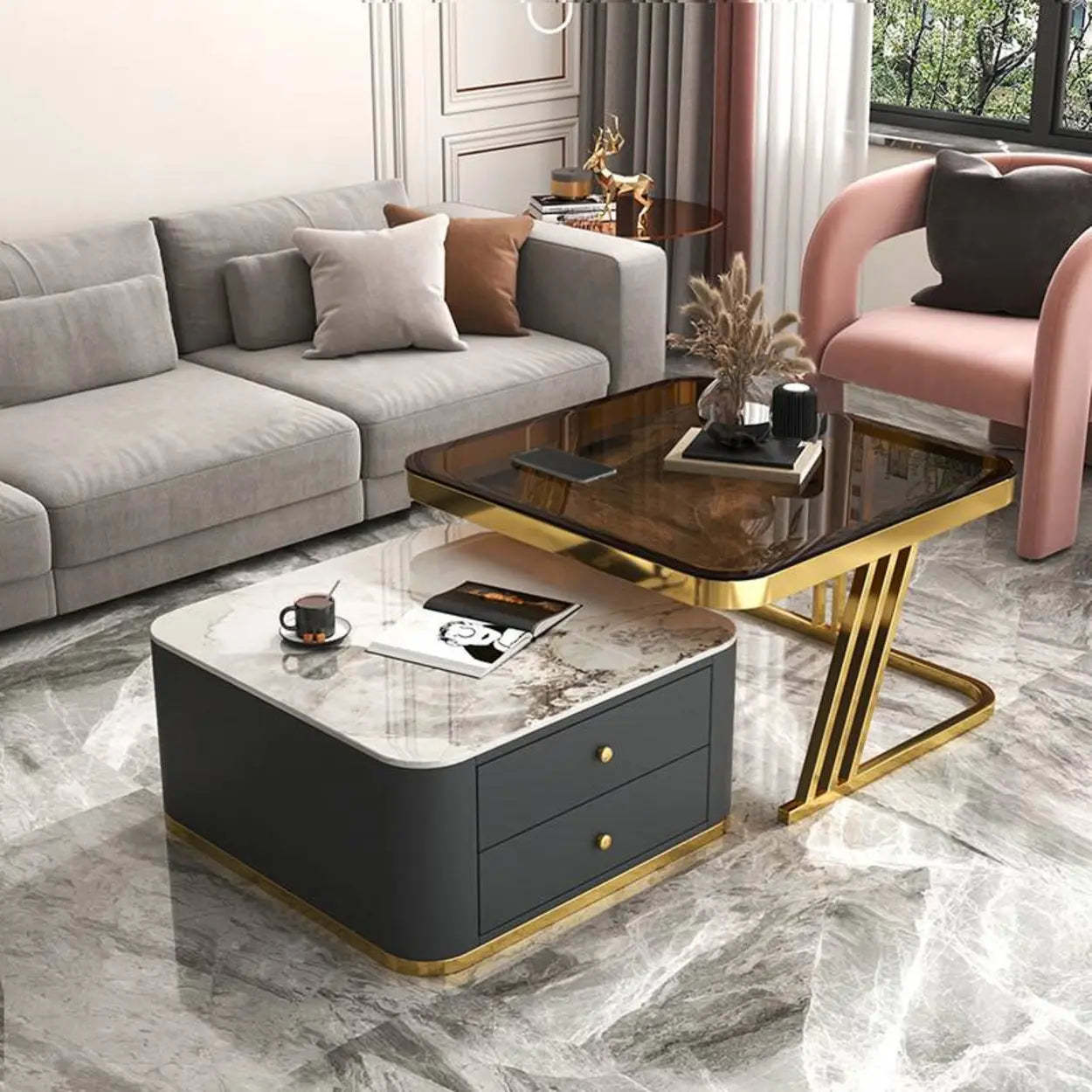 Glass-Top Steel Frame Nesting Tables with Drawer