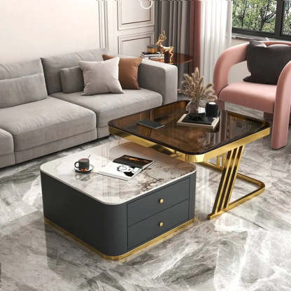 Glass-Top Steel Frame Nesting Tables with Drawer