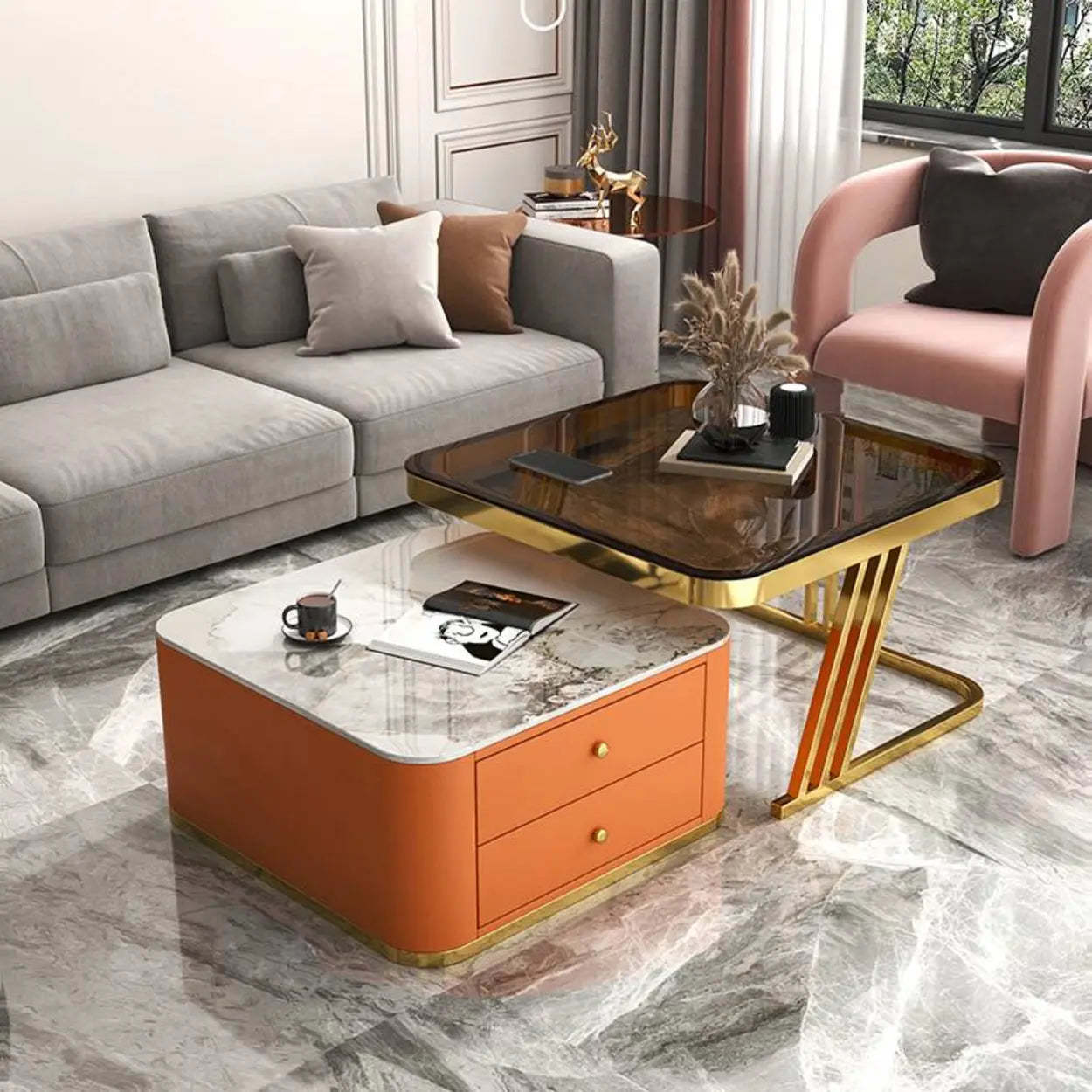 Glass-Top Steel Frame Nesting Tables with Drawer