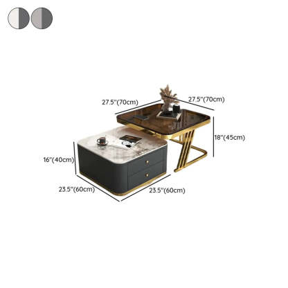 Glass-Top Steel Frame Nesting Tables with Drawer