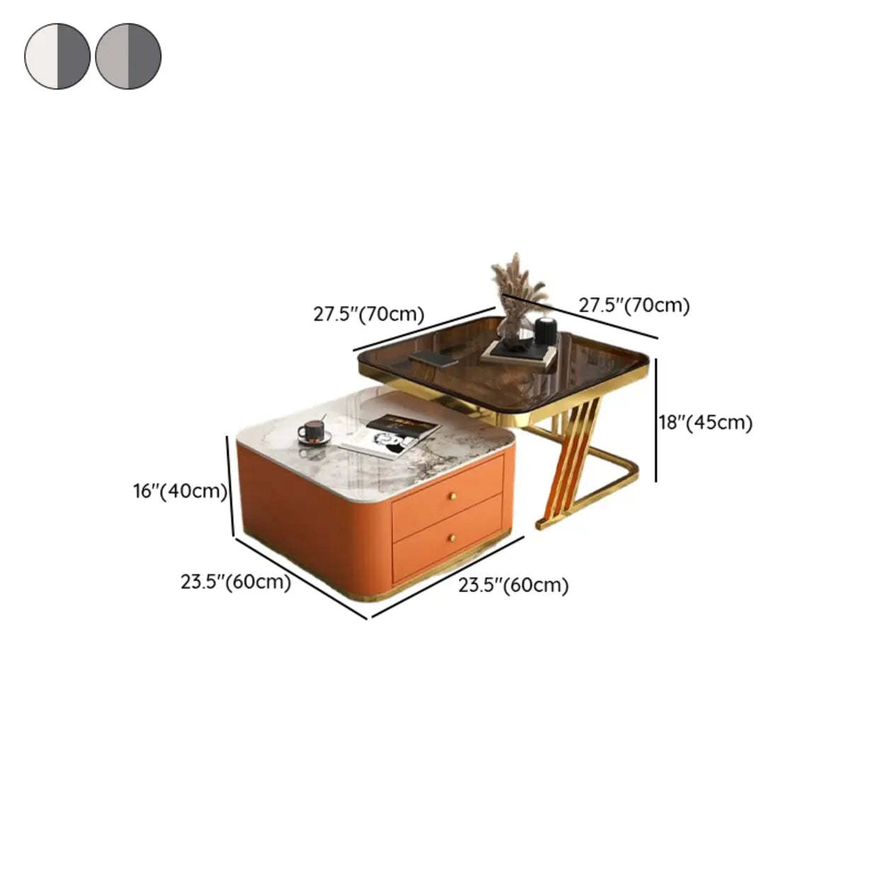 Glass-Top Steel Frame Nesting Tables with Drawer