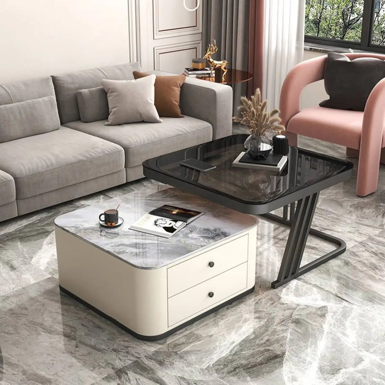 Glass-Top Steel Frame Nesting Tables with Drawer — White / Black / Beige/ Tawny