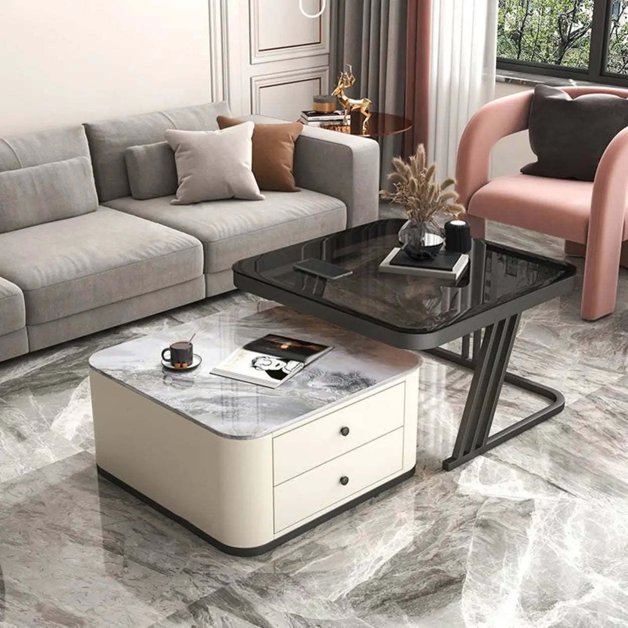 Glass-Top Steel Frame Nesting Tables with Drawer — White / Black / Beige/ Tawny