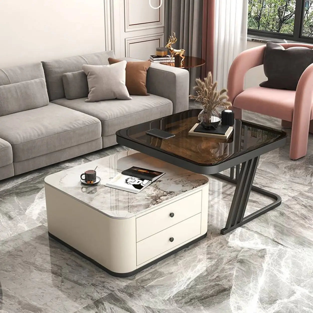 Glass-Top Steel Frame Nesting Tables with Drawer — Orange / Gold / Pandora/ Tawny