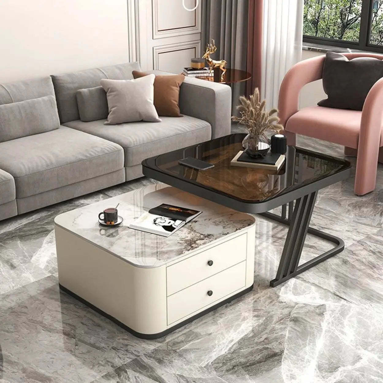 Glass-Top Steel Frame Nesting Tables with Drawer — Orange / Gold / Pandora/ Tawny