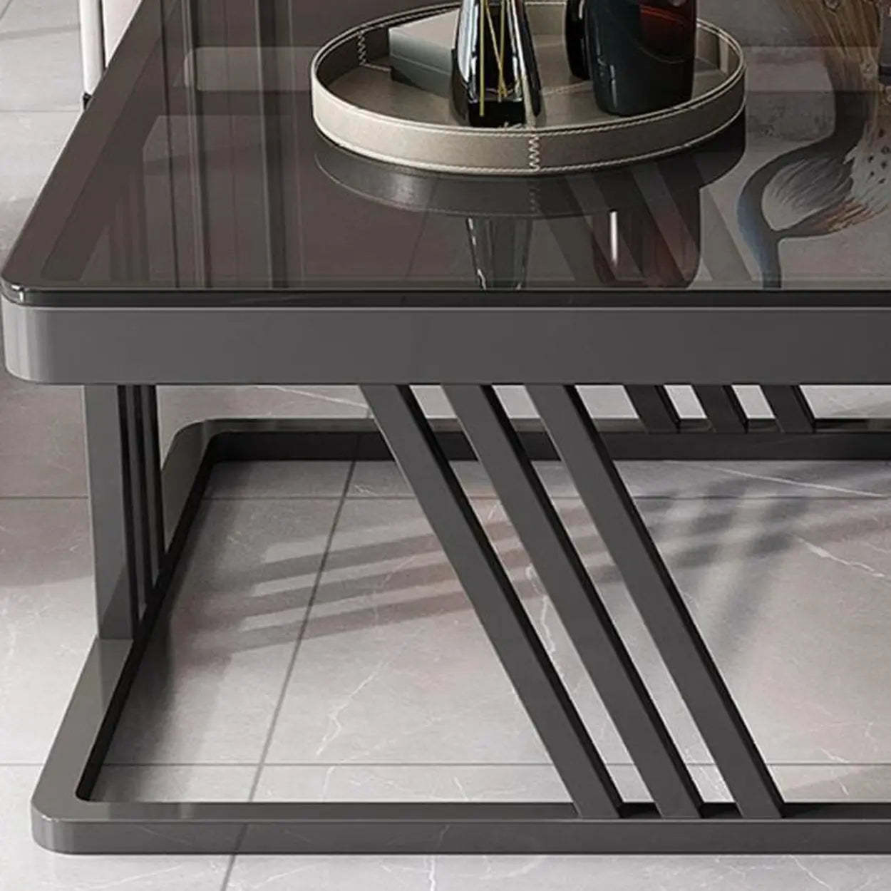 Glass-Top Steel Frame Nesting Tables with Drawer — Grey / Black / Pandora/ Black