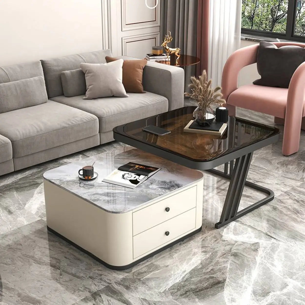 Glass-Top Steel Frame Nesting Tables with Drawer — Grey / Black / Beige/ Black