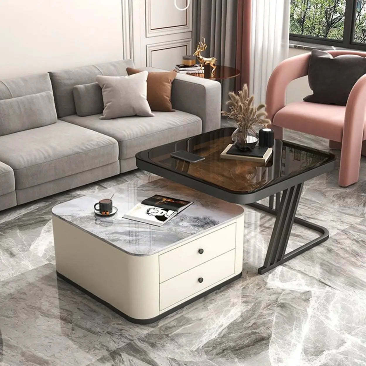 Glass-Top Steel Frame Nesting Tables with Drawer — Grey / Black / Beige/ Black
