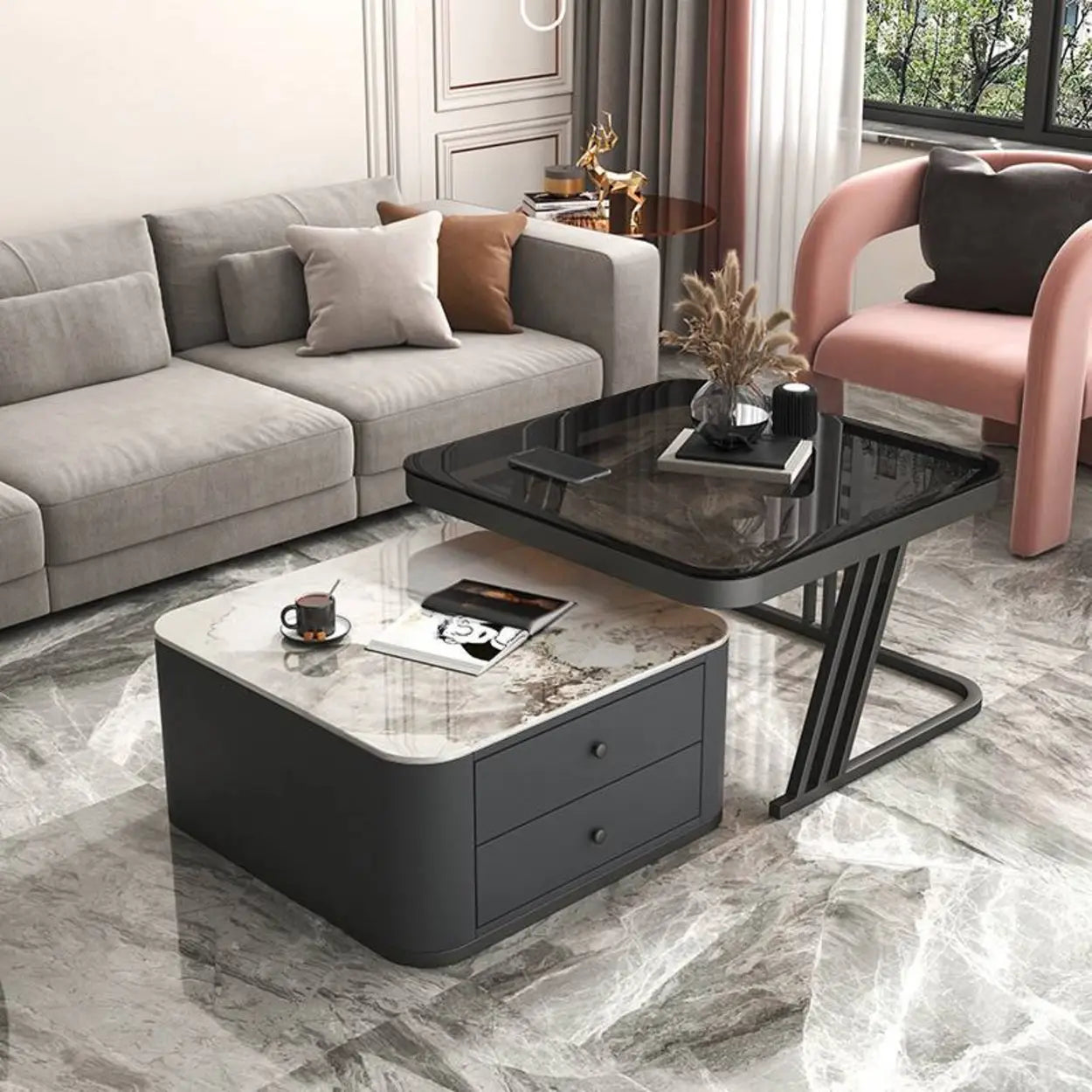 Glass-Top Steel Frame Nesting Tables with Drawer — Grey / Black / Pandora/ Tawny