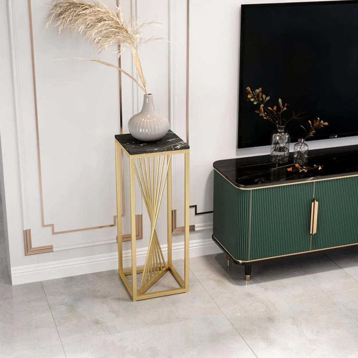 Black Square Gold Metal Display Plant Stand — White