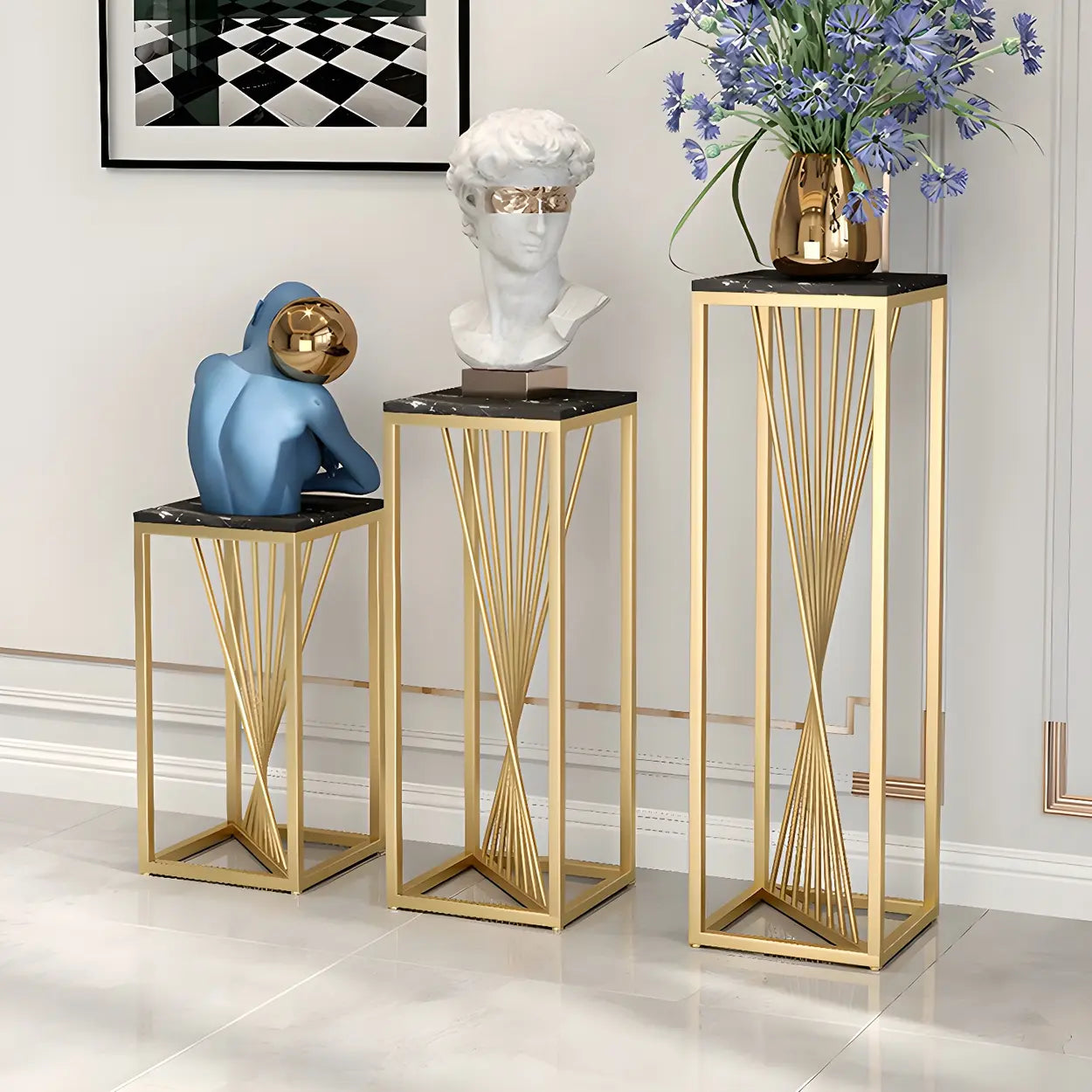 Black Square Gold Metal Display Plant Stand — White