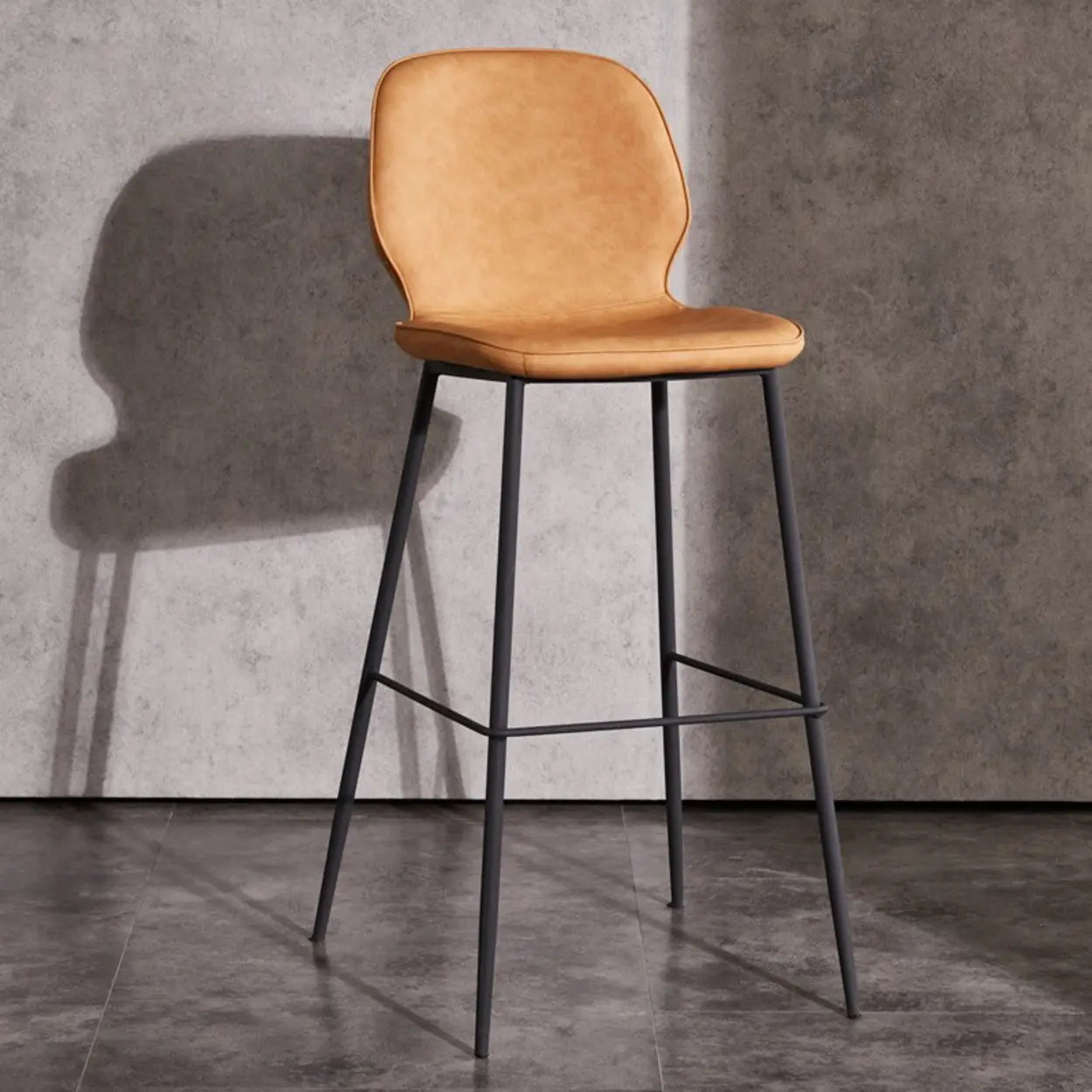 Square Leather Low-Back Bar Stool with Metal Legs — Apricot