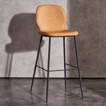 Square Leather Low-Back Bar Stool with Metal Legs — Apricot