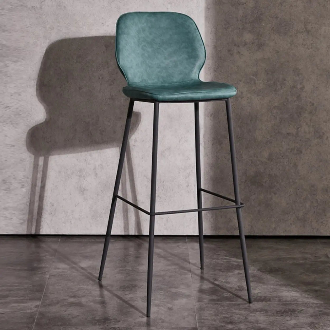 Square Leather Low-Back Bar Stool with Metal Legs — Blue