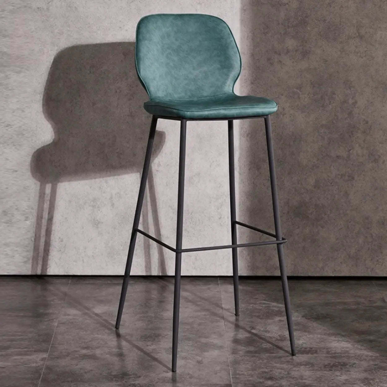 Square Leather Low-Back Bar Stool with Metal Legs — Blue
