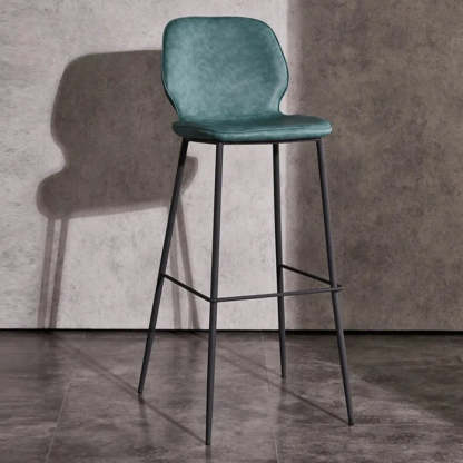 Square Leather Low-Back Bar Stool with Metal Legs — Blue