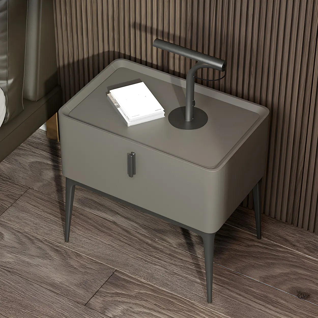 Modern Square Beige Marble Top Nightstand with Drawer — White / Stone
