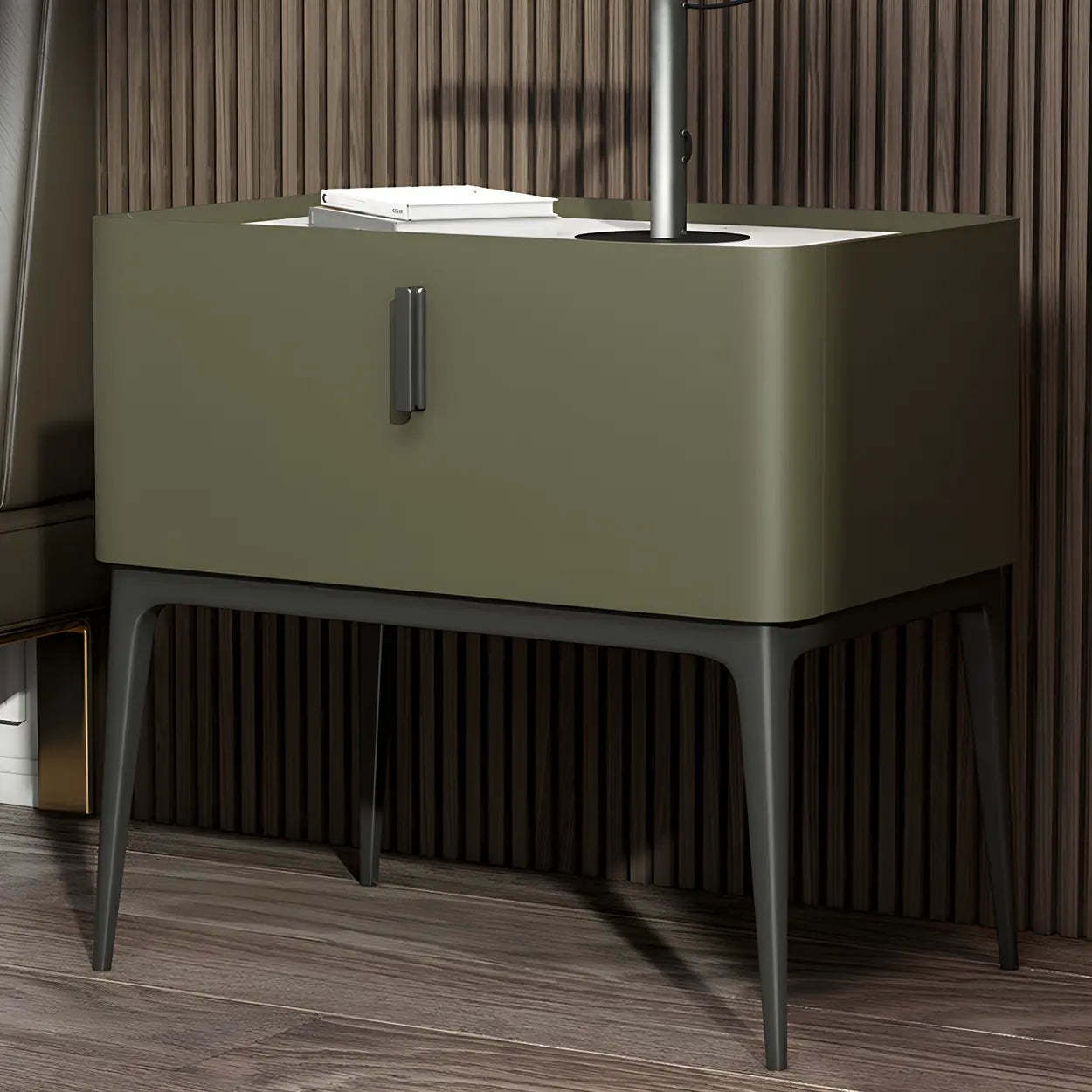 Modern Square Beige Marble Top Nightstand with Drawer