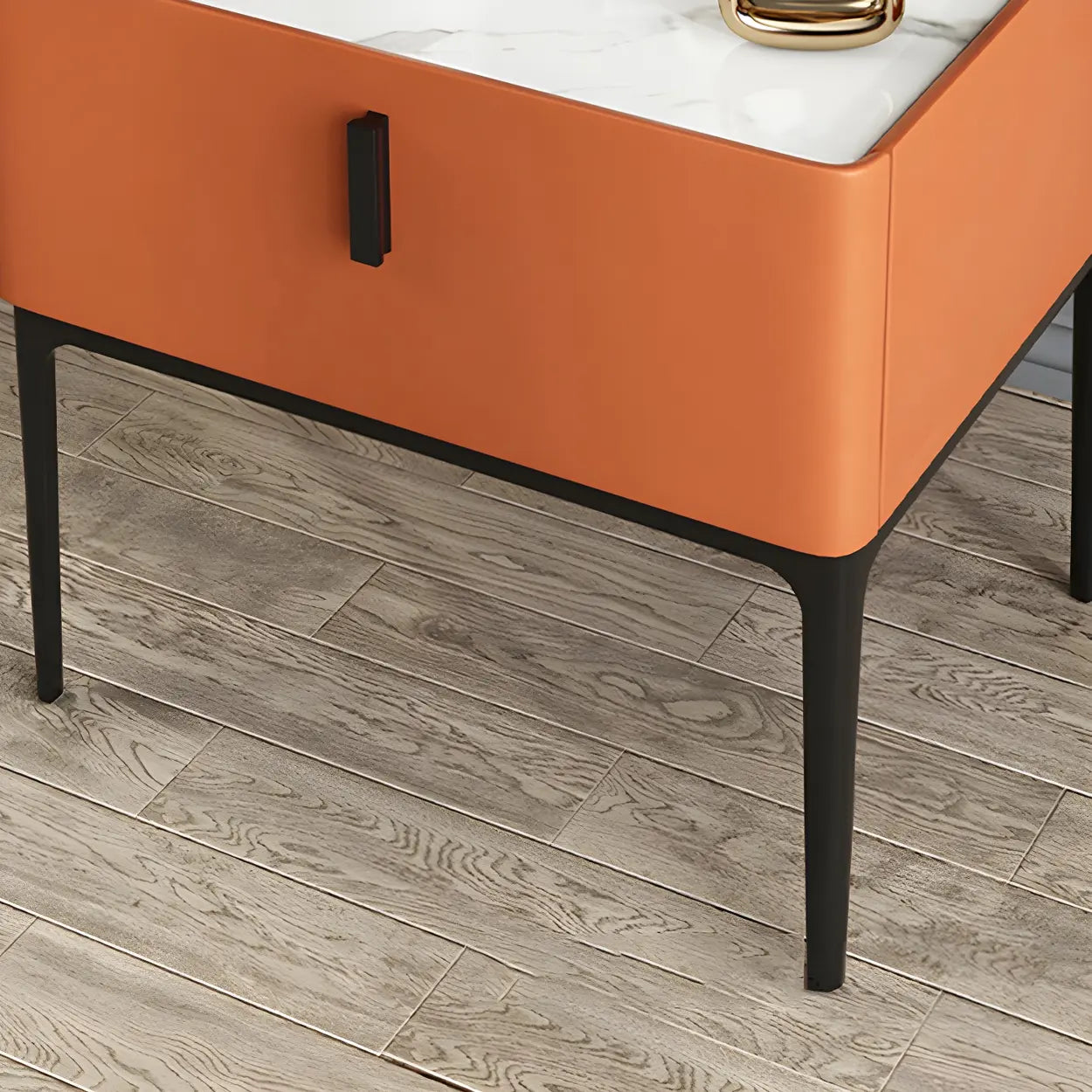Modern Square Beige Marble Top Nightstand with Drawer