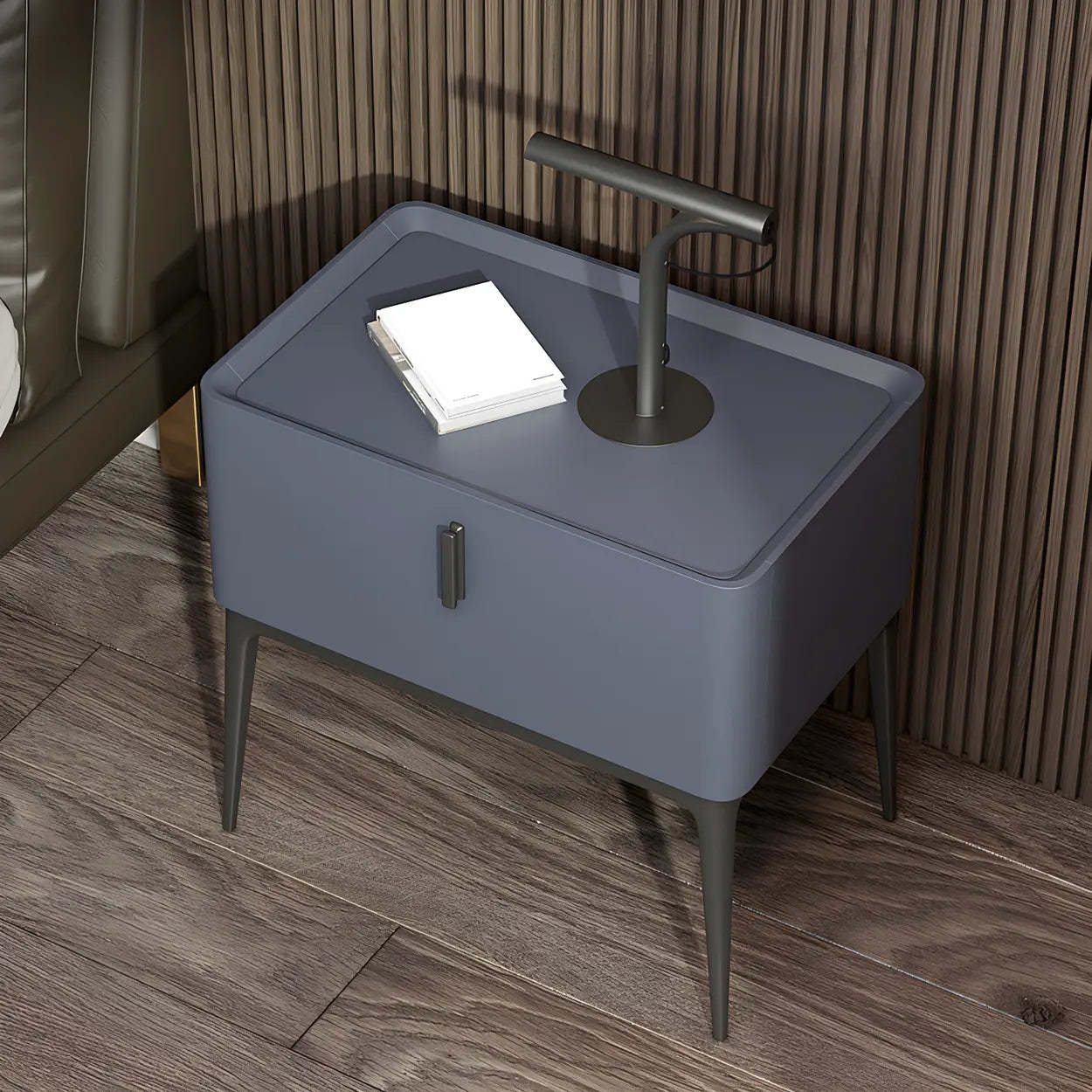 Modern Square Beige Marble Top Nightstand with Drawer