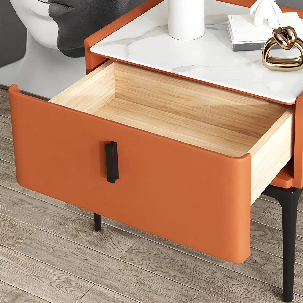 Modern Square Beige Marble Top Nightstand with Drawer