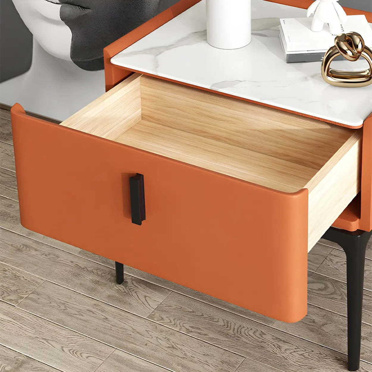 Modern Square Beige Marble Top Nightstand with Drawer