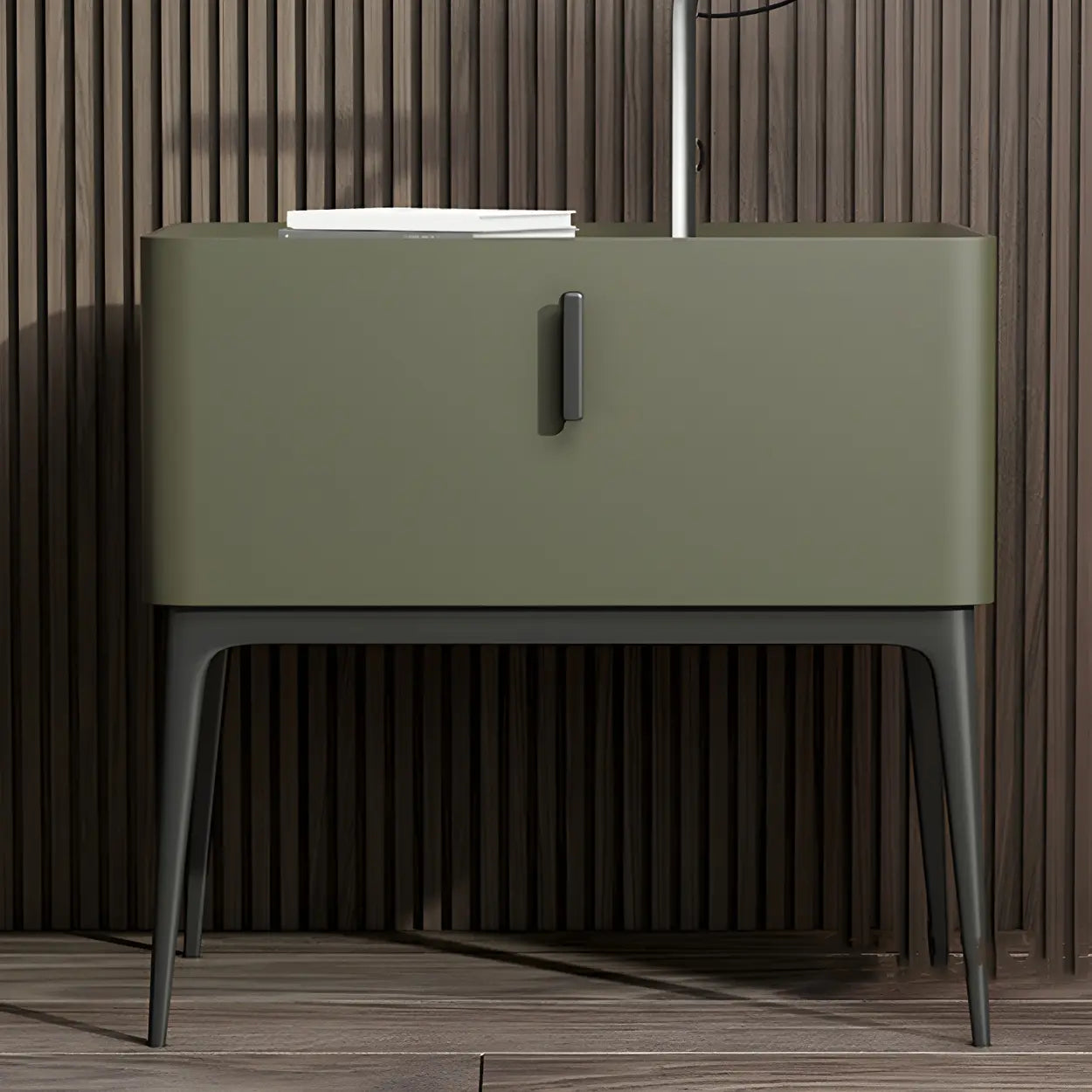 Modern Square Beige Marble Top Nightstand with Drawer