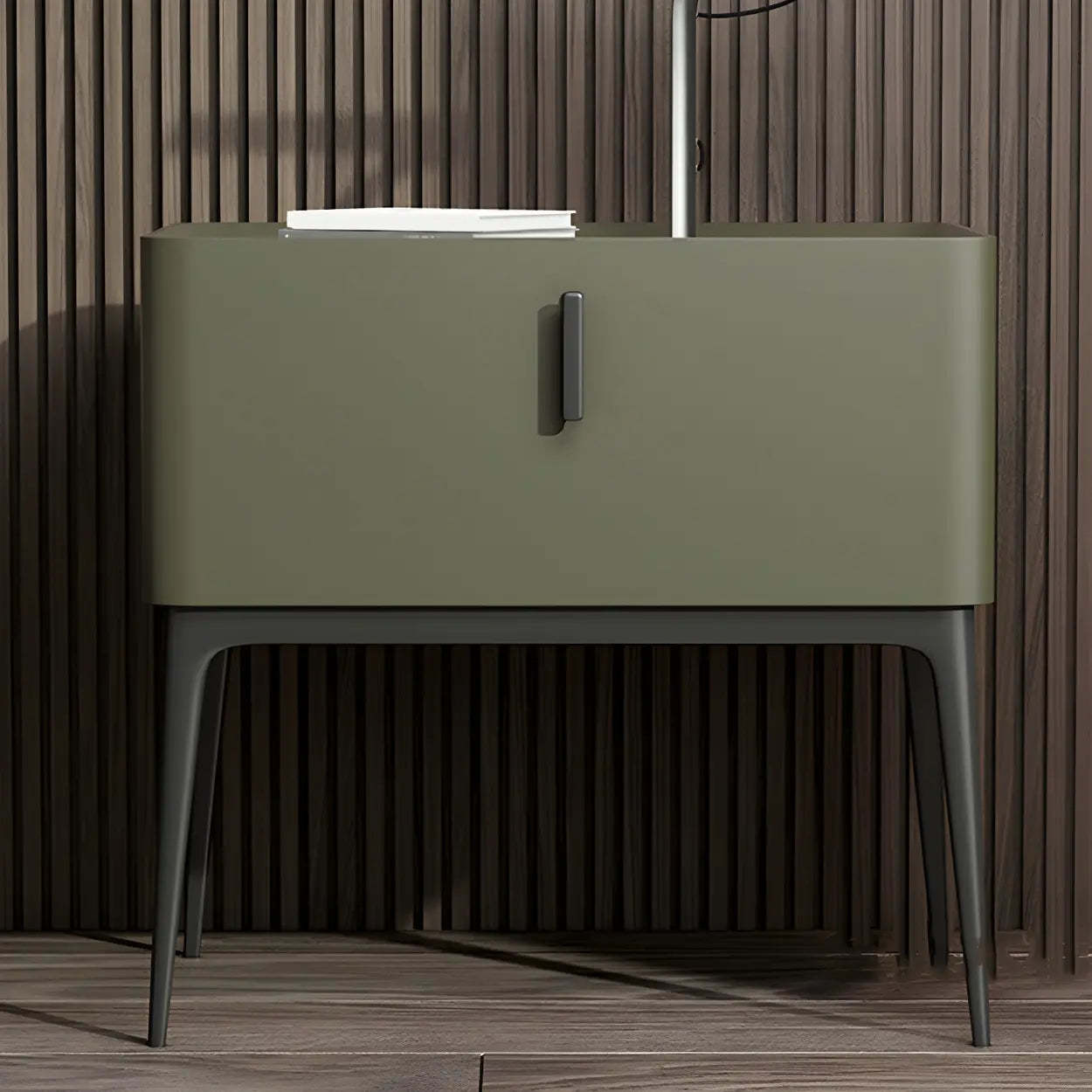 Modern Square Beige Marble Top Nightstand with Drawer