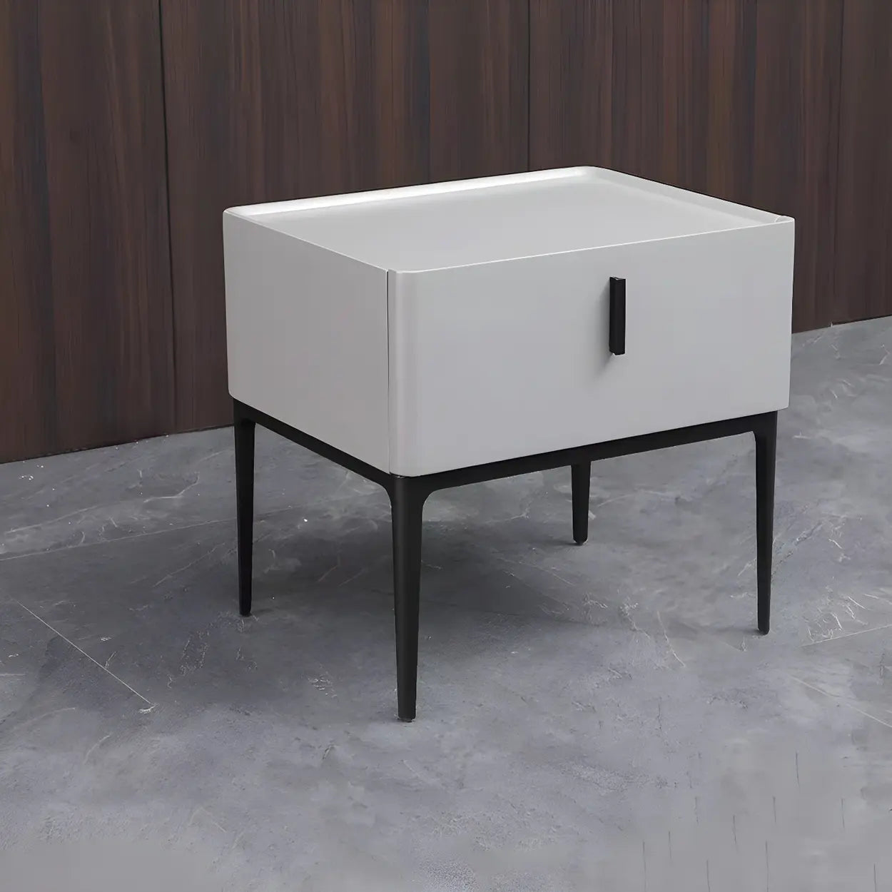 Modern Square Beige Marble Top Nightstand with Drawer