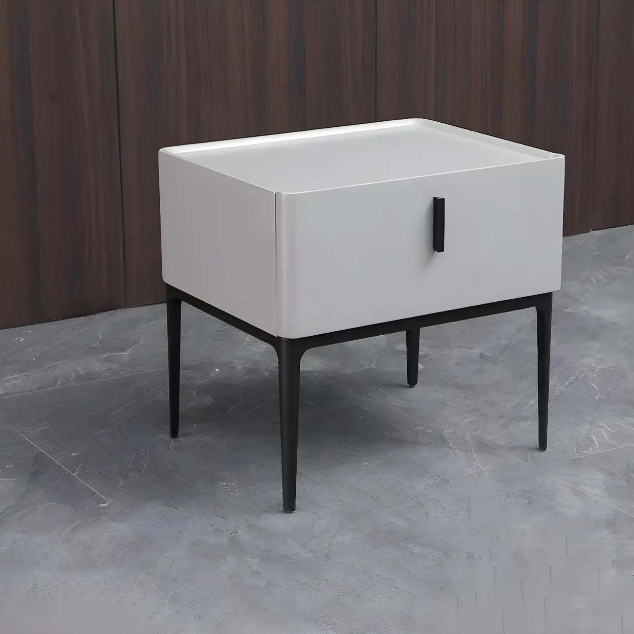 Modern Square Beige Marble Top Nightstand with Drawer