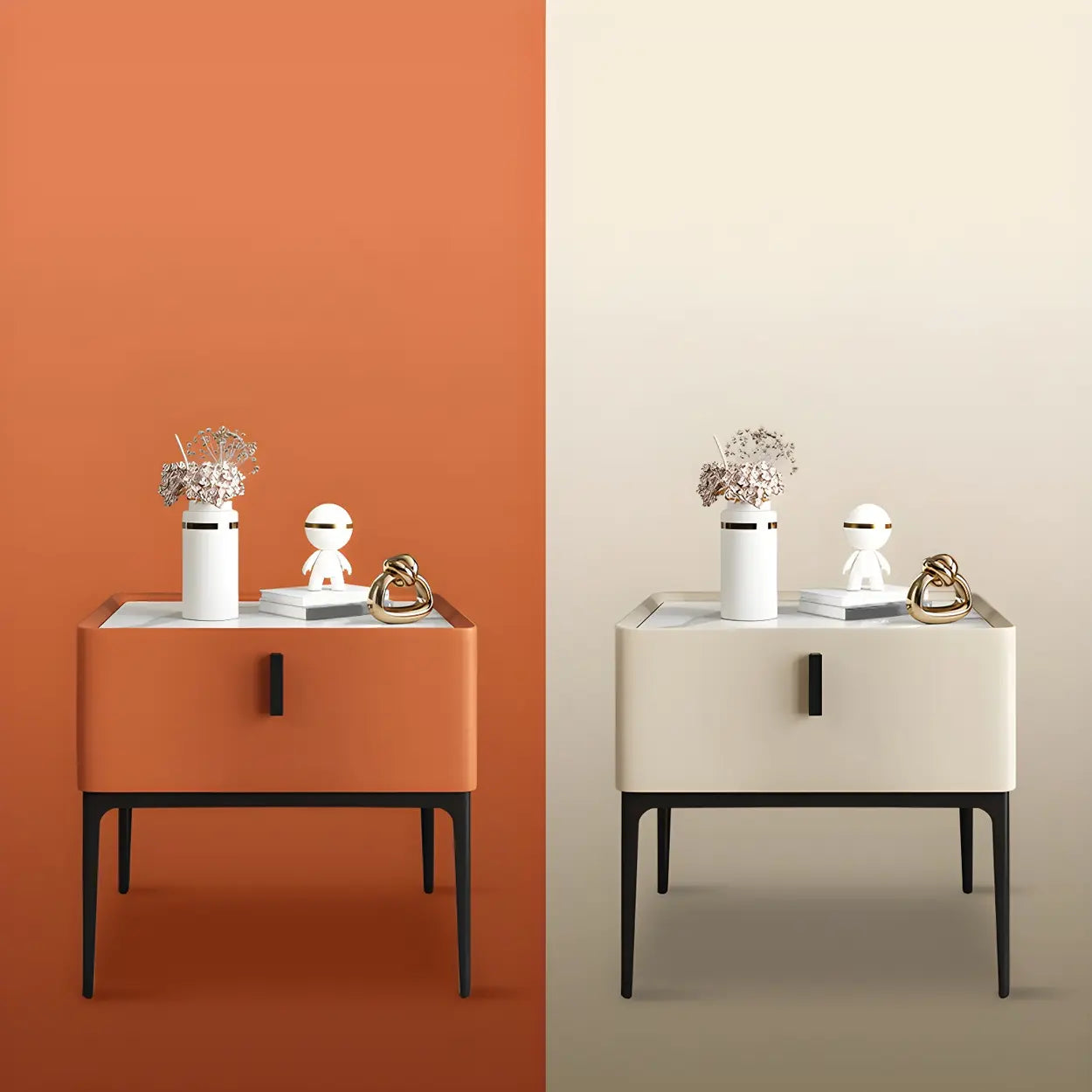 Modern Square Beige Marble Top Nightstand with Drawer