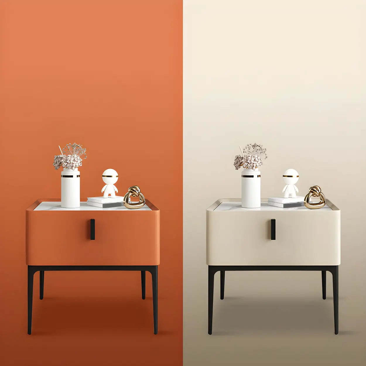 Modern Square Beige Marble Top Nightstand with Drawer