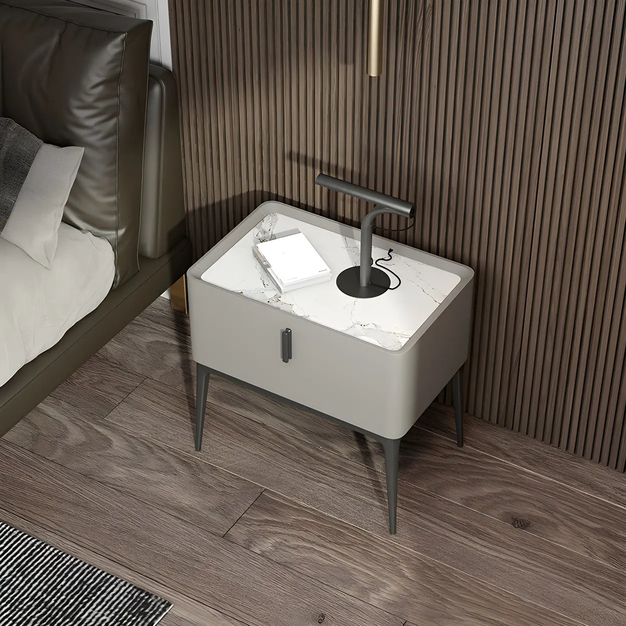 Modern Square Beige Marble Top Nightstand with Drawer — Light Gray / Stone